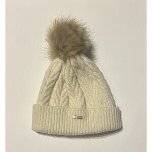 Steve Madden Women’s Cable Knit Beanie Pom Pom Ivory Cream Faux Fur